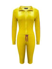 LovelyWholesale Women's Y2K Polo Collar Velvet Tracksuit, Side Stripe Zipper Jacket And Capri Pants 2 Pieces Set, Autumn/Winter - Yellow - View 4