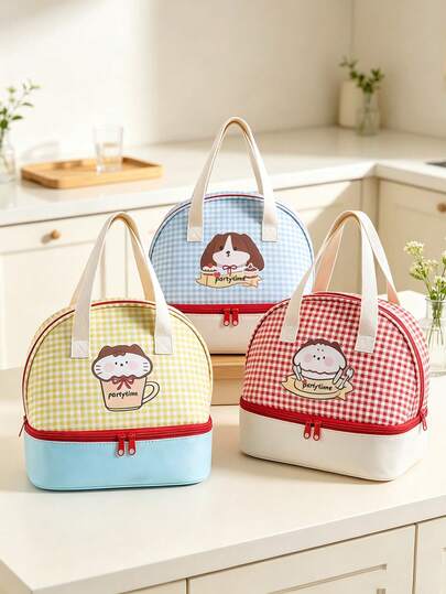 1PC Double‑Layer Lunchbox Tote Bag, Cute Style Dome Shaped Double‑Layer Lunch Handbag, Plaid Print Dual‑Zipper Thick Strap, Portable Thermal Insulation Lunch Tote Bag For School Office Picnic Outdoor All‑Seasons Gifting