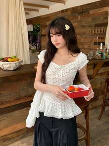 Women's Polka Dot Print Lace Trim Tie Waist Ruffle Hem T-Shirt White Casual Summer - White - View 7