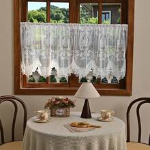 1pc Classical Jacquard Lace Sheer Curtain With Decorative Valance, Machine Washable Embroidered Floral Pattern, Rod Pocket Curtain Divider, Suitable For Living Room And Home Decor, Window Decoration, Unlined Pastoral Style Window Treatment, Pearl Lace Trim, Short Curtain - Multicolor - View 4