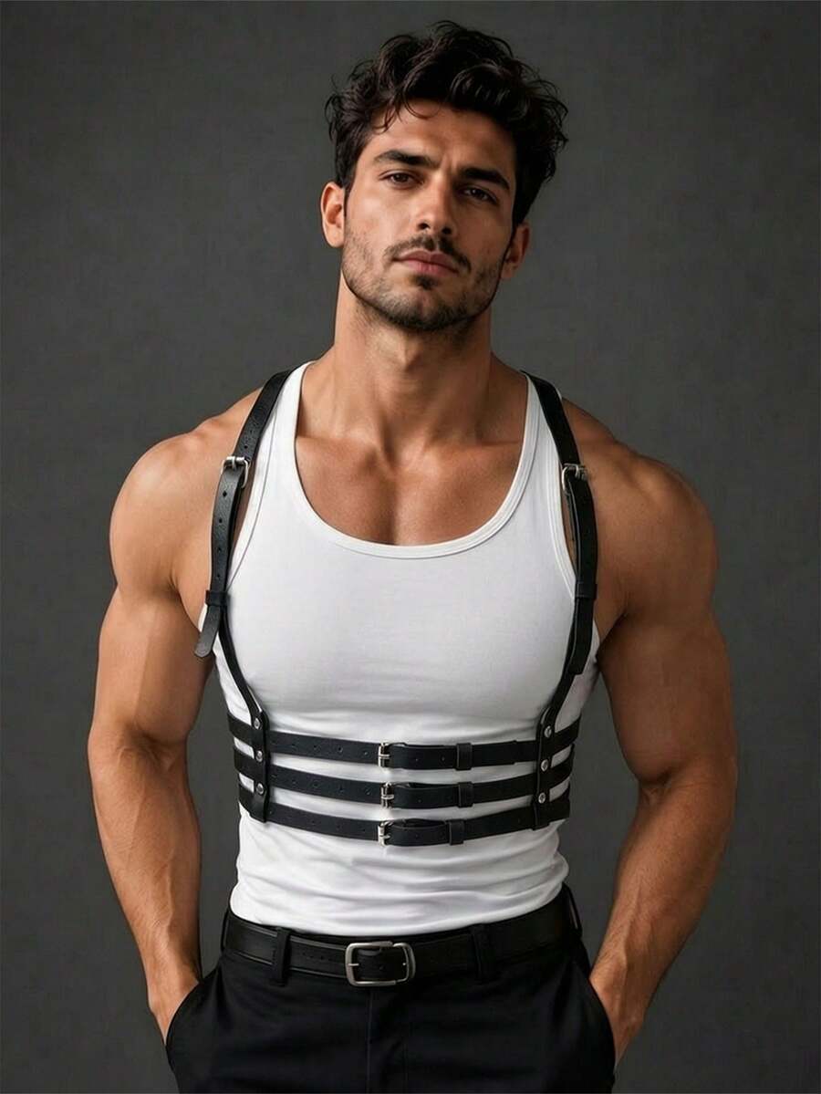1pc Wild Style PU Leather Men's Chest Harness With Shoulder Straps, Punk Gothic Style Waist Belt Fashion Accessory - Black - View 1