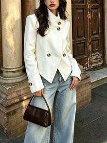 Fashion Daily Commute Long Sleeve Stand Collar Double-Breasted Patchwork Blazer - White - View 3