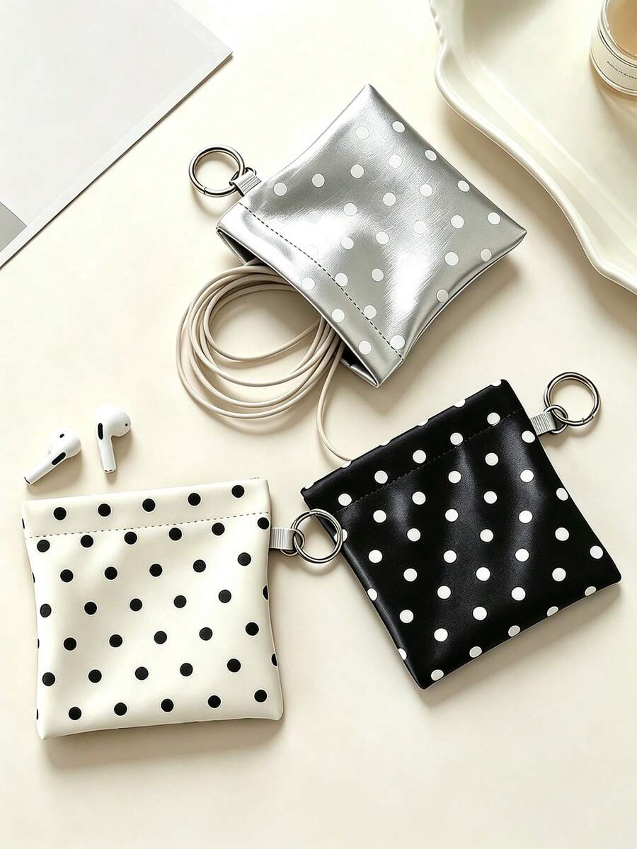 1pc Simple Polka Dot Data Cable Storage Bag, PU Leather Portable Mini Zipper Coin Purse With Keyring, Small Card Holder Wallet, Pocket Organizer For Earphones, Cosmetic Accessories, Multi-Color Casual Mini Bag, Travel Daily Carry Storage Pouch For Women
