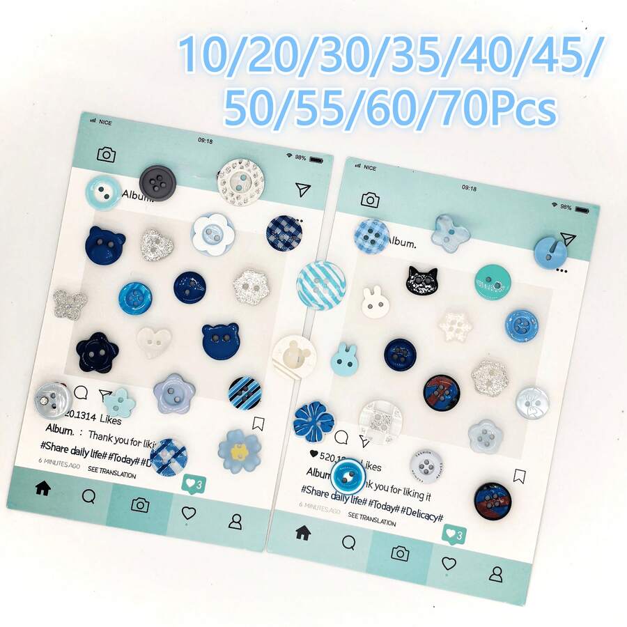 10/20/30/35/40/45/50/55/60/70Pcs Blue Button Assortment, Creative DIY Decorative Accessories, Flower, Star, Moon Shapes, Resin Material, Delicate And Easy To Use, Suitable For Clothing Modification, Greeting Card Decoration, Jewelry Making And More - Multiple Styles - View 1