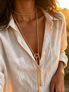 1pc Vintage Casual Minimalist Women's Beaded Pendant Long Necklace, Suitable For Daily And Vacation Wear - Gold - View 5