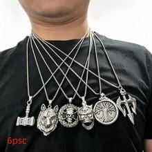 6 Pieces / Set, Men's Retro Coptic Cross Pendant Necklace Set, Stainless Steel Multifunctional Neck Jewelry, Elegant Accessories. - Ancient Silver - View 2