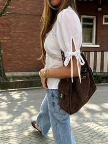 Women's White Top With Lace Trim And Tie-Back Detail, Semi-Sheer Woven Blouse For A Fashionable Look - White - View 4