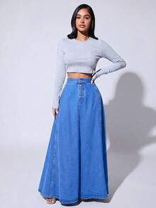 HAPPY GIRL#Spring Autumn Versatile Fashion Casual Elegant Holiday Vacation Daily Date Travel Airport Outfit Denim Women's A-Line Denim Skirt - Blue - View 6