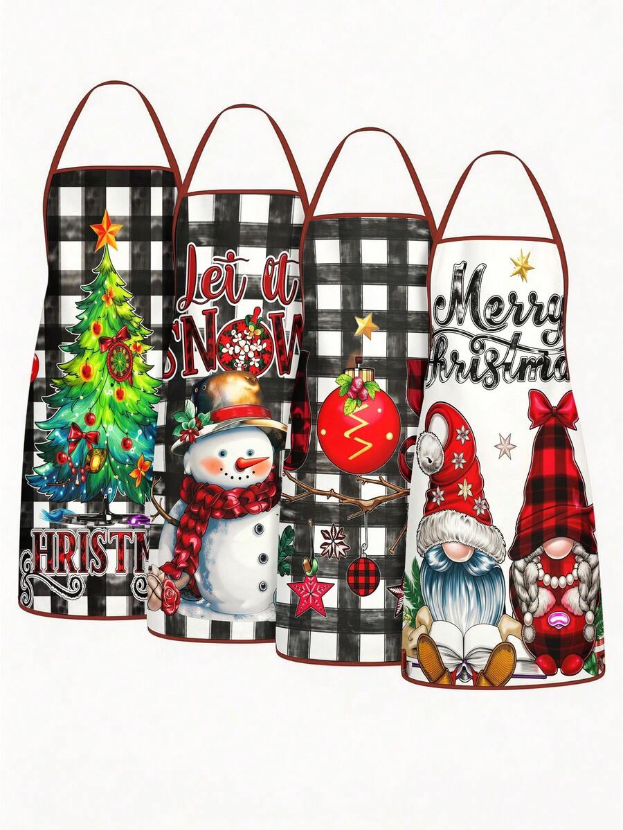 4 Pcs Christmas Black Santa & Buffalo Plaid Reindeer Print Apron Set, Holiday Themed Kitchen Cooking Baking Aprons For Xmas Party Home Decoration - Multicolor - View 1