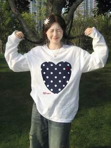 Women's Autumn Korean Style Heart & Polka Dot Loose Round Neck Long Sleeve T-Shirt Inner Layer Base Top - White - View 6