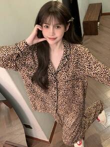 2pcs/Set Women's Pajamas Loungewear Set, Mature Leopard Print Lapel Cardigan Long Sleeve Cropped Pants, Easy Care Fabric - Brown - View 4