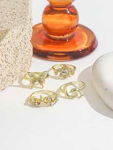 Juego de 4 anillos de estilo oceánico con mariposa, delfín, luna y strass, juego de anillos de estrella de mar dorada con strass de varias piezas, juego de anillos de strass versátil y de moda para mujeres - Dorado - Ver 4