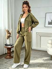 Women Two-Piece Outfits - Army Green - View 5