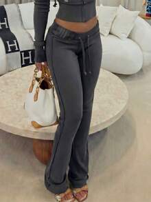 NOIRLYN Women's Fall High Waist Drawstring Flare Sweatpants, Slim Fit Floor-Length Casual Trousers - Dark Grey - View 1