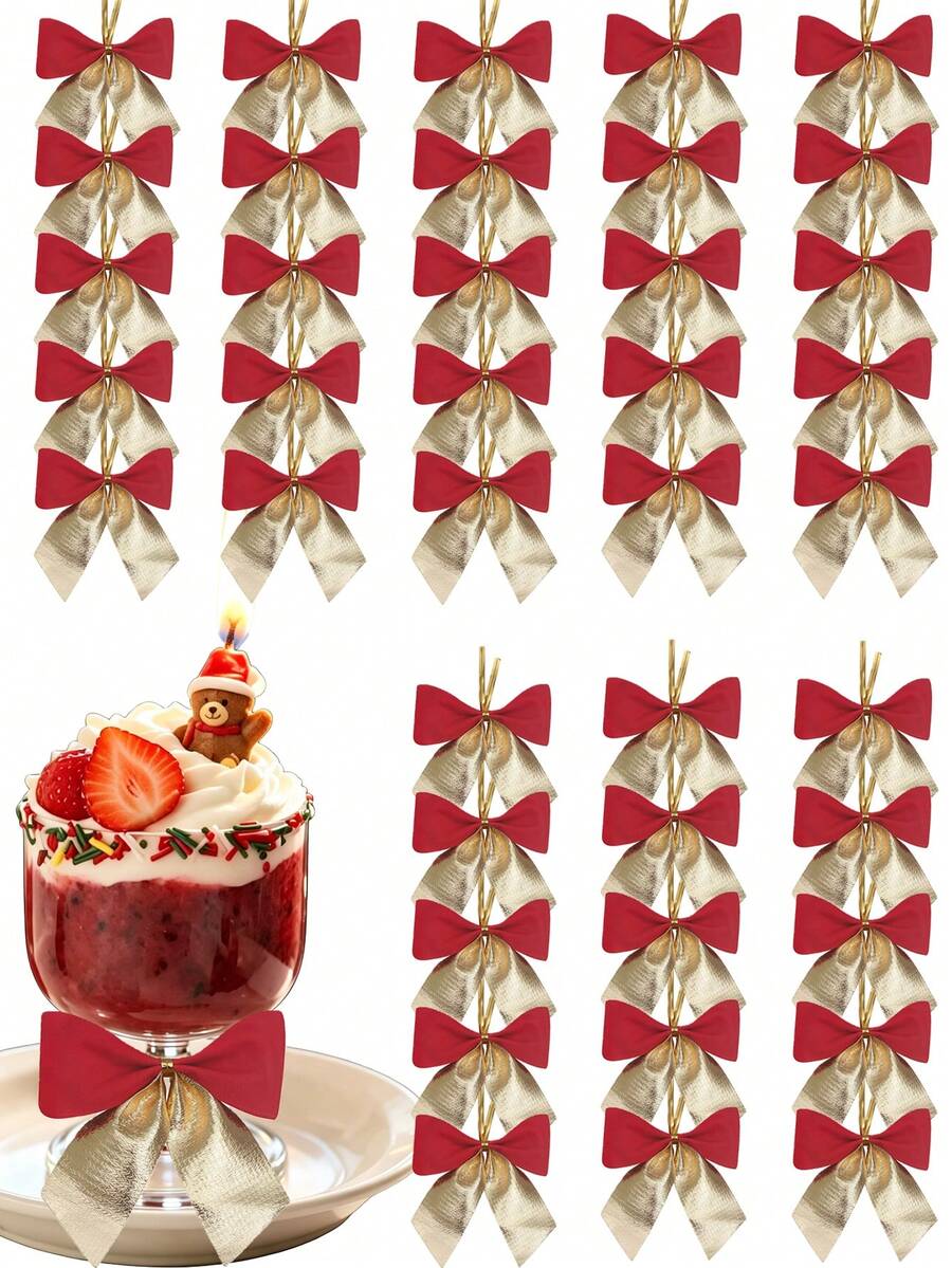 1pc/50pcs/100pcs Gold Double Bow Twisted Rope, Christmas Wine Glass Decoration Bow Ornament, Christmas Tabletop Decor, Reusable Gift Bag Closure Bow, Winter Holiday New Year Wedding Banquet Home Kitchen Festive Decoration Accessory - View 1