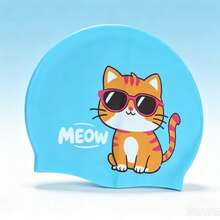 Cute Cat Print Silicone Swim Cap, Snug Fit Hair Protection Swimming Cap For Pool Training And Water Play - Multicolor - View 2