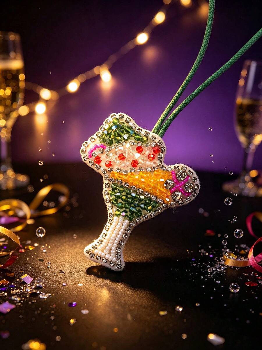 1pc Party Style Bag Charm, Handmade Rhinestone Beaded Pendant With Champagne, Cocktail Glass And Coffee Cup Design - Green - View 1