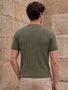 Men's Vertical Ribbed Crew Neck Short Sleeve T-Shirt, Vintage Casual Summer Streetwear Top - Army Green - View 3