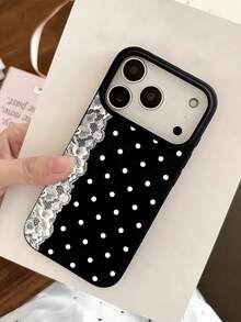1pc Lace Polka Dot Pattern Shockproof Black Liquid Straight Edge TPU Phone Case, Suitable For IPhone 16 Pro Max/16/16 Pro/16 Plus/15/15 Pro Max/15 Pro/11/12/13/14 Pro Max/11 Pro/11 Pro Max/12 Pro/12 Pro Max/13 Pro/13 Pro Max/14 Pro/14 Pro Max, Soft Case, Elegant - Black - View 1