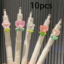 5/10pcs Tulip Ballpoint Pens, Retractable Pens, 0.5mm Tip, Black Ink Neutral Pens, Quick-Drying, Smooth Writing, Portable, High-Quality Transparent Pens, Suitable For Students To Practice Questions, Take Notes, Office Writing, Back To School Ballpoint Pens - Multi-color - View 10