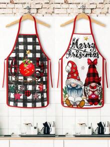 4 Pcs Christmas Black Santa & Buffalo Plaid Reindeer Print Apron Set, Holiday Themed Kitchen Cooking Baking Aprons For Xmas Party Home Decoration - Multicolor - View 2