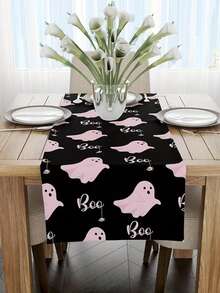 1pc, Halloween Pink Ghost Design On Black Table Runners For Kitchen And Dining, Suitable For Coffee Table Decoration For Both Indoor And Outdoor Home Parties, Available In 5 Sizes - Pink - View 4