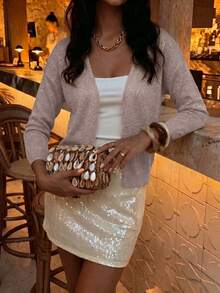 Spring/Summer New Women's Elegant Cardigan, Long Sleeve Shiny Sexy Cardigan, Suitable For Party, Music Festival, Date, Beach Party, Vacation, Pink - Pink - View 6