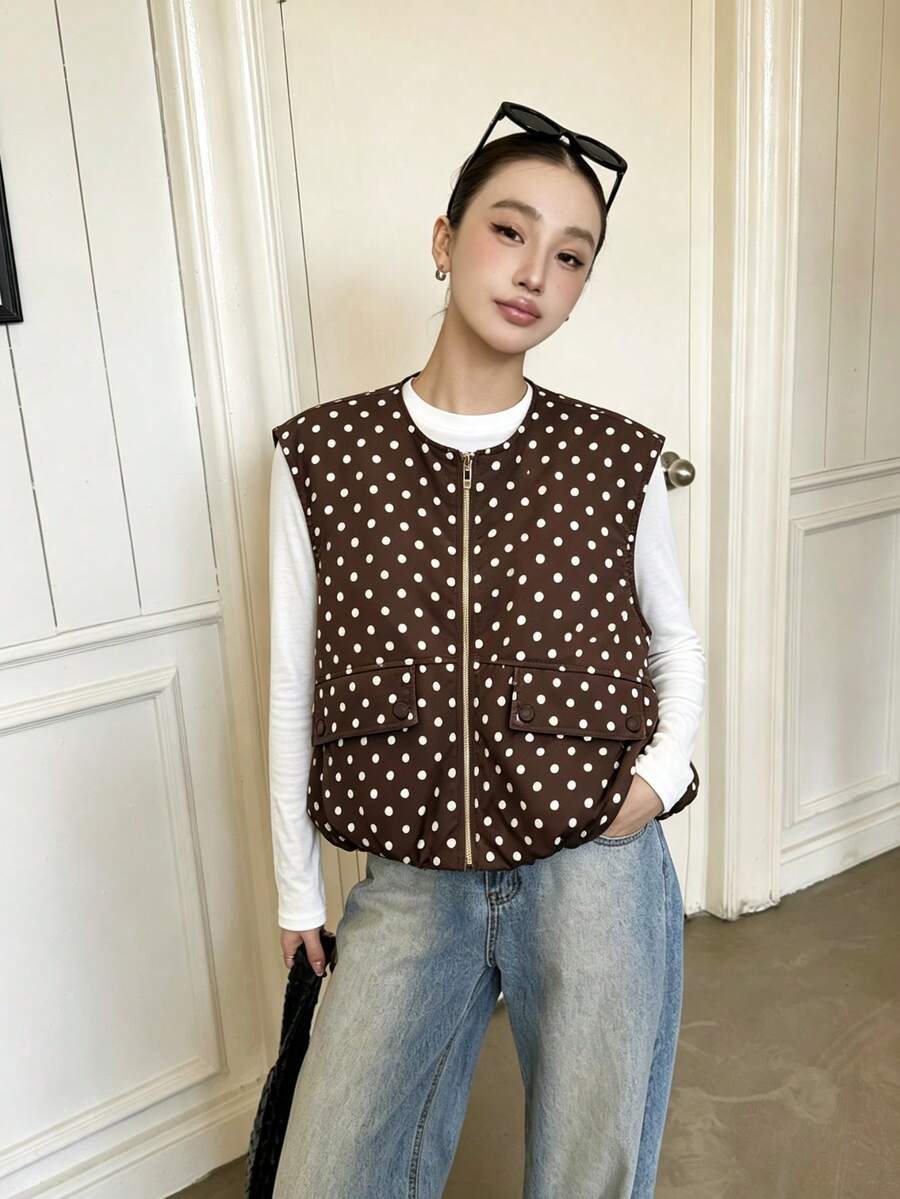 女款短版無袖背心外套,復古波點,小圓領,時尚百搭,浪漫鬱金香下擺夏季款 - 彩色 - 查看 1