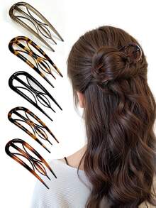 5/3/1pc French U-Shaped Hair Clips Vintage Acetate Hair Pins, Retro Hair Sticks, Updo Styling Tool, Random Color - Multicolor - View 7