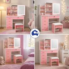 Bluelander Tocador para Niña con Espejo LED, Tocador de Maquillaje con 5 Cajones, Incluye Banco, 3 Modos de Iluminación, Vanity Infantil para Recámara, 80 * 32 * 127 (Rosa) - Rosa Roja - Ver 2