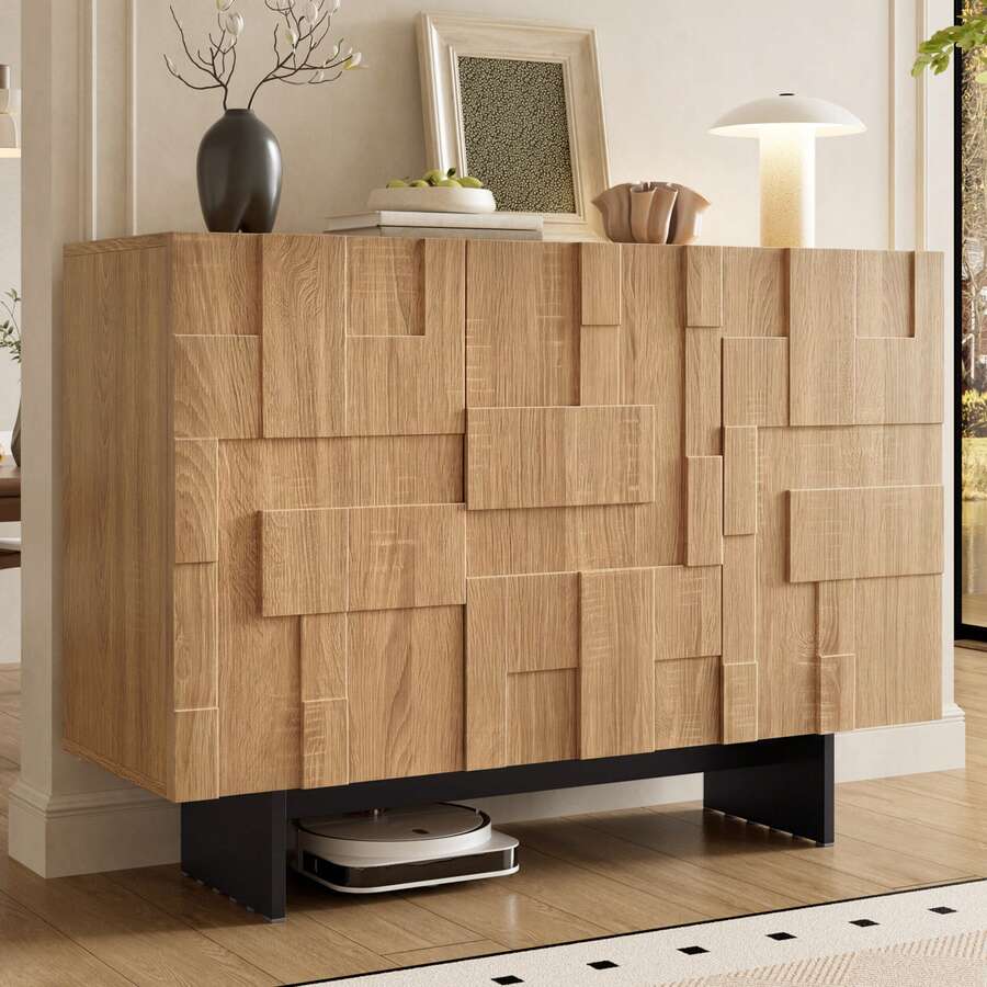 Modern Sideboard, Black Natural Wood With Adjustable Shelves - 黑與自然 - 查看 1