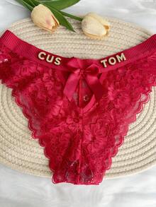 Custom Rhinestone Letter Name Text Special Date Sexy Lace Panties, Ribbed Elastic Hollow Waist Bowknot Panties, Personalized Gift For Wife, Anniversary, Holiday - Red - View 3