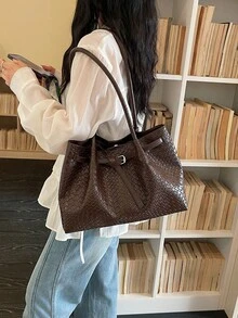 女款時尚百搭通勤單肩包，春夏新款學生上課大容量托特包，編織購物大包 - 咖啡棕 - 查看 5