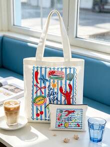 White Canvas Shoulder Bag And Makeup Bag Set With Striped Lobster Pattern, Casual Cute Handbag For Women And Girls Daily Commute, Shopping, Travel, Multi-Functional Cosmetic Storage Bag, Portable Toiletry Bag, Perfect Gift For Friends, Moms, Teens, Back To School, Independence Day, Birthday, Teacher's Day - Multicolor - View 4