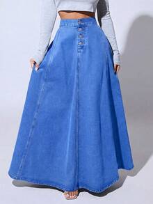 HAPPY GIRL#Falda vaquera línea A para mujer, versátil, de moda, casual, elegante, para primavera y otoño, vacaciones, diario, citas, viajes y aeropuerto - Azul - Ver 3