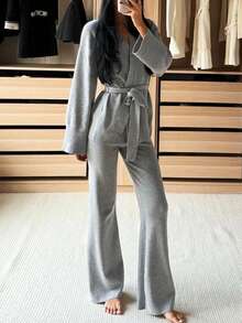 Minimalist Comfortable Women's Loungewear Sweater Set, Including V-Neck Cardigan And Elastic Waist Pants, Made Of Soft Medium Stretch Fabric. Contains Wool - Grey - View 5