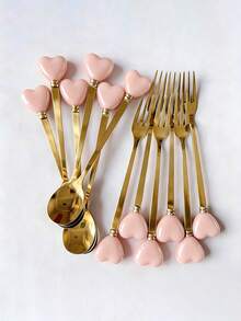 1/2/6/12pcs Ceramic Handle Stainless Steel Cutlery Set, Gold Fork & Spoon, Coffee Spoon, Ice Cream Dessert Spoon, Fruit Salad Fork, Creative Red Heart, Cute Stirring Seasoning Spoon, Party Afternoon Tea Tableware - Multicolor - View 19