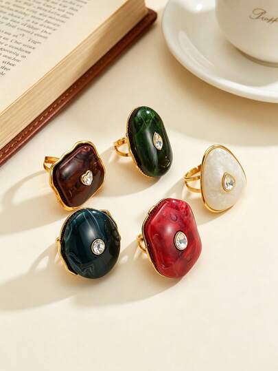 1 pieza Anillo de declaración de resina de mármol vintage chapado en oro con forma irregular, incrustado de vidrio y strass, abierto, retro, grueso y colorido, joyería de dedo de resina para mujeres