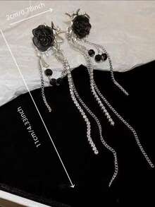 1 Pair Fashion Elegant Black Rose Long Chain Rhinestone Tassel Drop Earrings For Women, Suitable For Daily Commute, Gatherings And Parties - Black - View 4