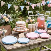 10/20/40Pcs,Scalloped Edge Disposable Paper Plates,White Base With Light Blue / Pink Wavy Scallop Rim,7in & 9in Simple Solid‑Color Cream Style Party Plates,Ideal For Gender Reveal Party,BabyShower,Birthday Party,Afternoon Tea & Dessert Table Decor - Blue + Pink - View 5