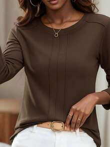 Blus Wanita Berlipit Leher Bulat, Atasan Kasual Serbaguna, Desain Menawan, Cocok untuk Musim Gugur/Musim Dingin/Musim Semi - Coffee Brown - View 4