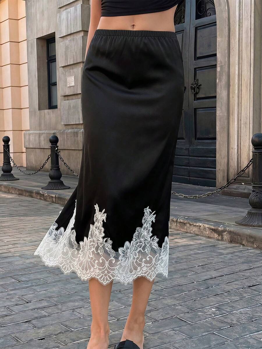Vintage Satin Polka Dot Contrast Lace Contrast Color Elegant Fashion Versatile Skirt For Women - Black and White Dots - View 1