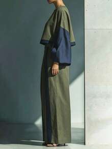 Women's Spring/Autumn Colorblock Patchwork Loose Lantern Sleeve Short Top And Loose Colorblock Wide Leg Long Pants 2 Pieces Set - Olive Green - View 5