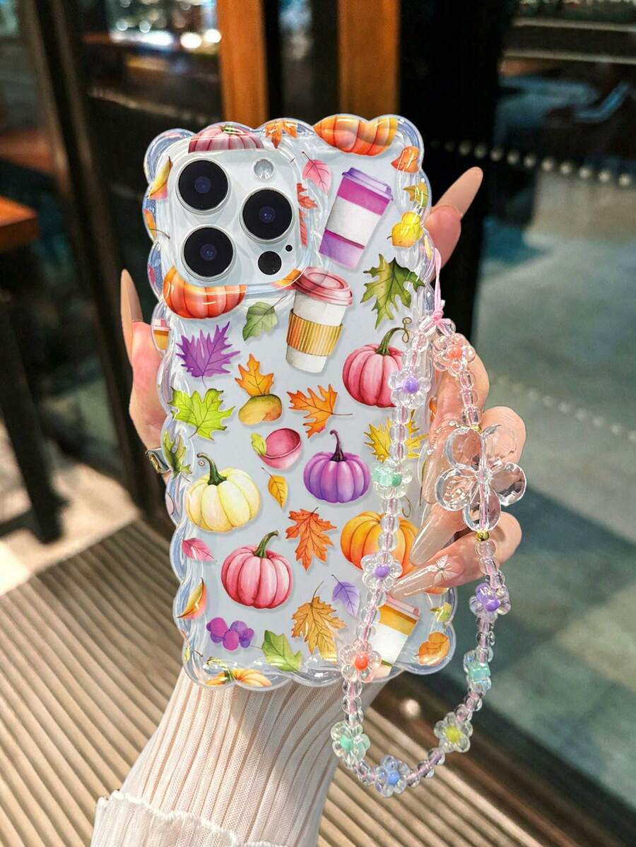 Capa de Telefone Transparente com Pintura de Folha de Bordo e Abóbora, Borda Ondulada Torcida, Pulseira Acoplada, Impressão Plana, Anti-Queda, Moda Fofa para iPhone 17/17 Pro/17 Pro Max/16/16 Pro/16 Pro Max/16 Plus/14/15/P14/P13/P12/P11, Capa de Telefone Criativa com Cobertura Total Macia e Reforçada - Multicolorido - Visão 1
