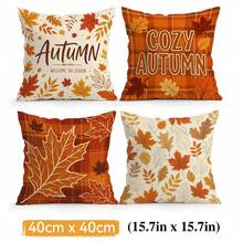 4pcs Autumn Maple Leaf Plaid Pillow Covers, Orange Red Plaid Autumn Print Pattern, Single-Sided Printed Pillow Covers/Cushion Covers, Multi-Scene Atmosphere Decoration Pillow Covers Suitable For Living Room, Sofa, Bedroom, Pillow Insert Not Included - Multicolor - View 13