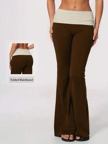 NcmRyu Women's 1pc Colorblock Folded High Waist Yoga Pants For Running And Gym, Flared Leg - Coffee Brown - View 10