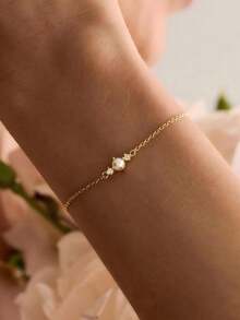 1 Simple And Fashionable 14K Gold Bracelet, Single White Pearl Pendant Exquisite Wrist Jewelry, Women's Wedding Daily Party Simple Bracelet. - Gold - View 2