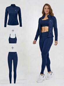 Women's 3-Piece Gym Set – Zippered Jacket + Padded Top + Leggings - Women's 3-Piece Gym Set – Premium Women's 3-Piece Gym Set For Autumn And Winter - 藏蓝色 - 查看 1