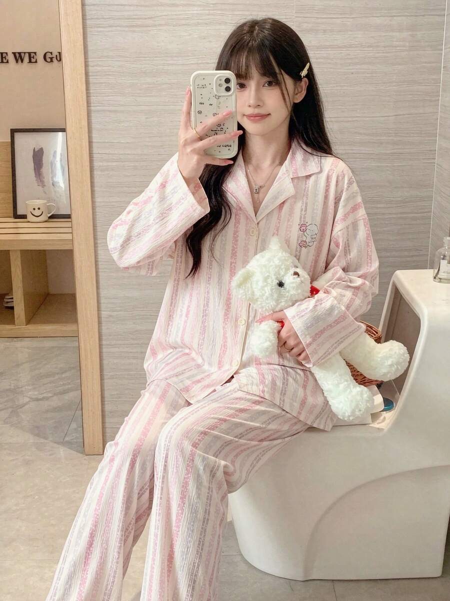 女士两件套睡衣,条纹动物纹印花翻领上衣,舒适休闲长裤,适合所有季节 - 彩色 - 查看 1
