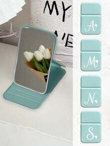Mini Blue-Green Letter Foldable Portable Makeup Mirror, Printed With Artistic Heart White Initial, Name Initial, With Stand Makeup Mirror, Travel Mirror, Beauty Product, Desktop Makeup Mirror, Rectangular Desktop Compact Makeup Mirror, Foldable Small Minimalist Makeup Mirror, Student Dorm Back To School Mirror, Back To School Gift, Travel Portable Makeup Mirror, Suitable For Women's Gift - Back To School Season, Best Gift For Teachers - Multicolor - View 6